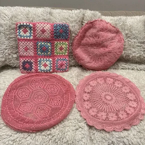 4 VINTAGE Lot Pillowcases Pink Round Crochet Battenburg Lace Square Patchwork - Picture 2 of 11